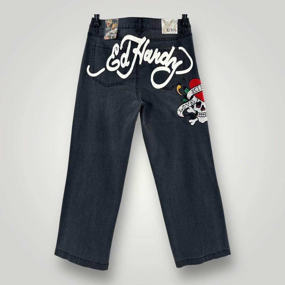 Ed Hardy Love Kills Jeans Womens 32 Faded Black Wide‎ Leg High Skull Embroidered